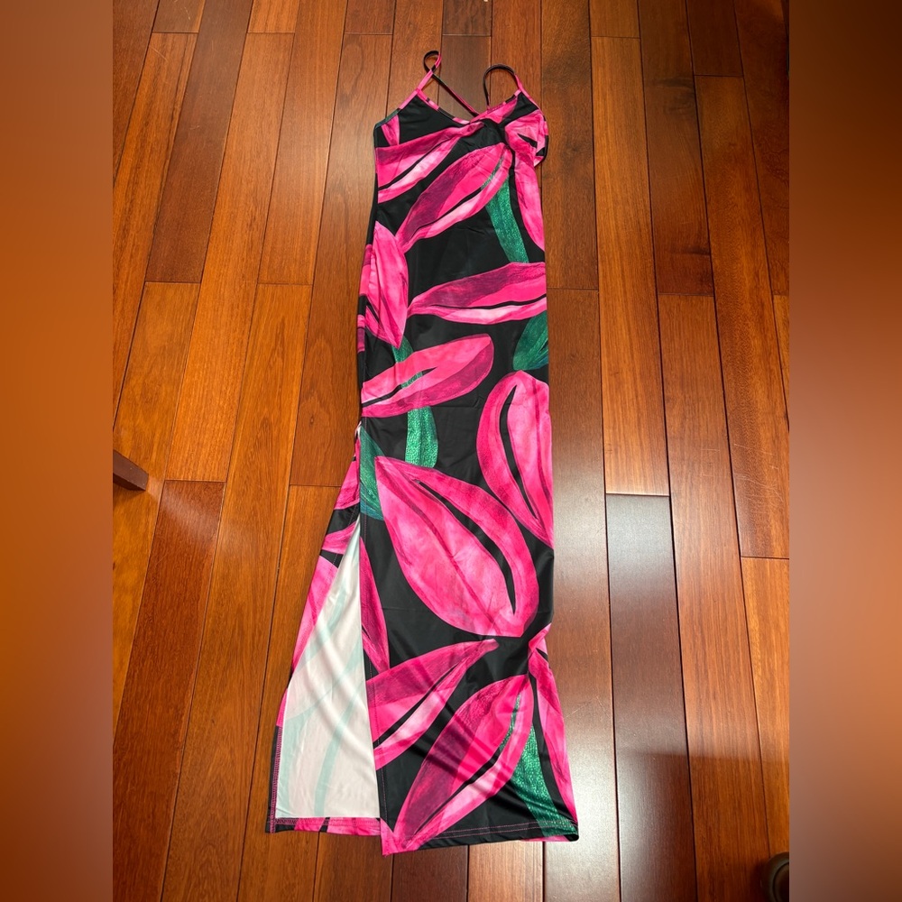 SHEIN Pink and Black Floral Midi Dress ladies XS